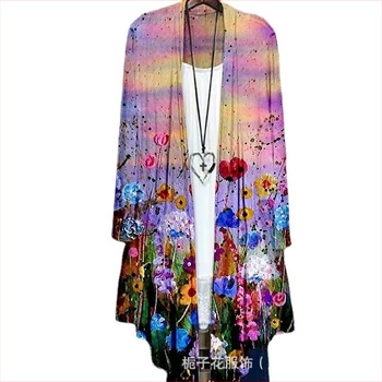 Γυναικείο μακρυμάνικο πουκάμισο με εκτύπωση, μακριά γραμμή, γούνινο γιακά, πολυεστέρας