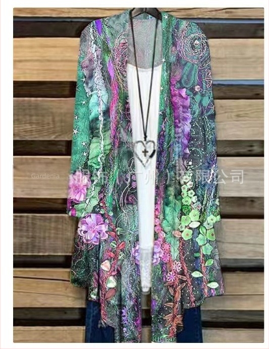 Γυναικείο μακρυμάνικο πουκάμισο με εκτύπωση, μακριά γραμμή, γούνινο γιακά, πολυεστέρας