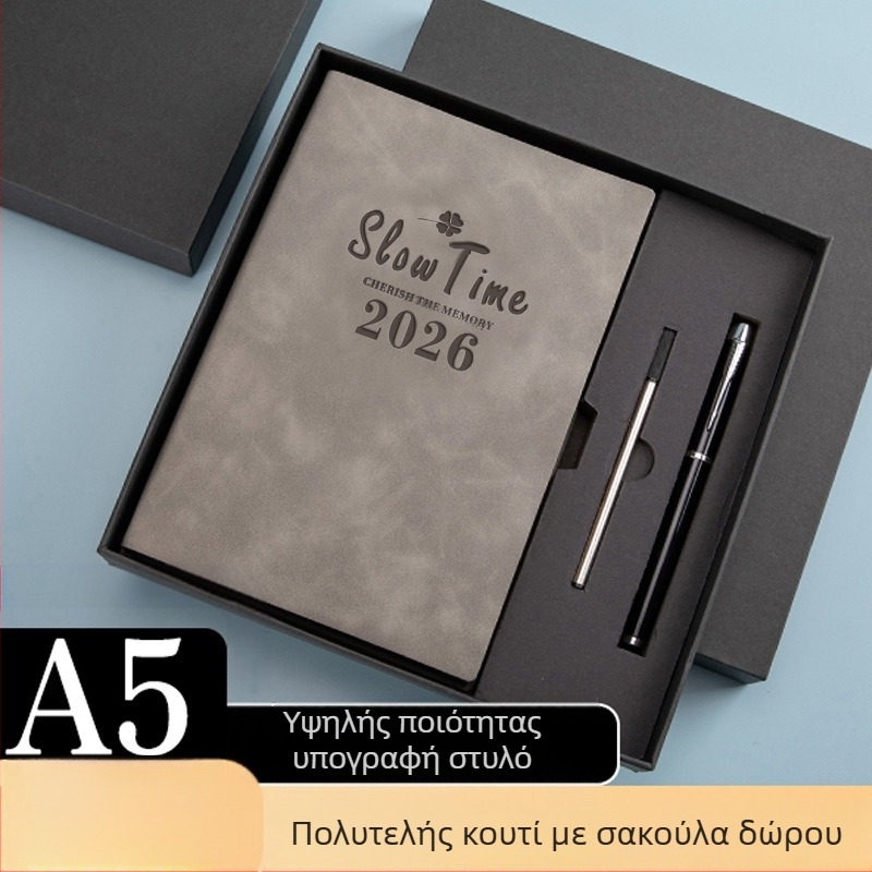 Σημειωματάριο με κάλυμμα από συνθετικό δέρμα, δέσιμο με γραμμές, χαρτί Dowling, 80 gsm, 300–400 σελίδες, ημερήσιο προγραμματισμό και διαχείριση χρόνου
