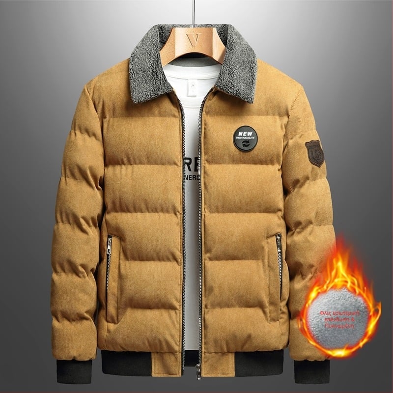 Ζακέτα corduroy με fleece επένδυση, χειμερινή ανδρική εξωτερική, με γιακά τύπου lapel και φερμουάρ