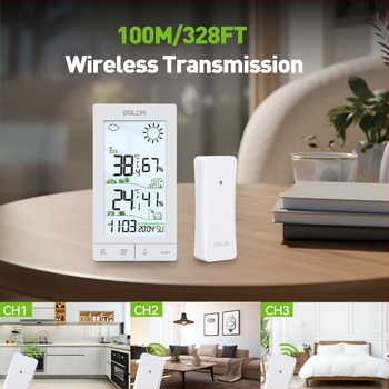 Baldr ασύρματος σταθμός μετεωρολογίας με οθόνη αφής, για εσωτερική/εξωτερική χρήση, με μεγάλη οθόνη, ραδιοελεγχόμενος ρολόι με οπίσθιο φωτισμό; μετρά θερμοκρασία και υγρασία με ακρίβεια ±1°C/±1% RH; τροφοδοσία με 3×AAA μπαταρίες.