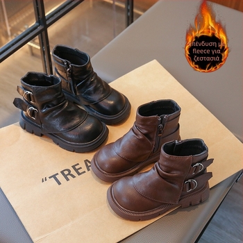 Μποτάκια μόδας για κορίτσια, δέρμα μικροϊνών, μέσο μήκος μέχρι τη γάμπα, σόλα από καουτσούκ, πλαϊνό φερμουάρ