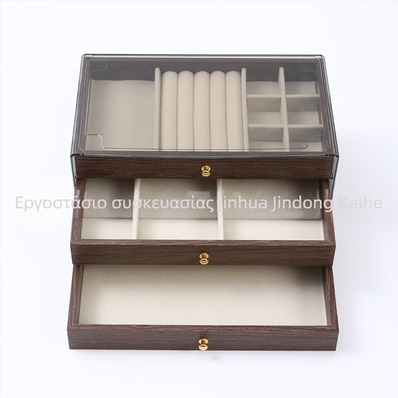 Κουτί κοσμημάτων από ξύλο καρυδιάς, τρίων στρώσεων, σε στυλ κορεατικό, μινιμαλιστικός σχεδιασμός με ρίγες