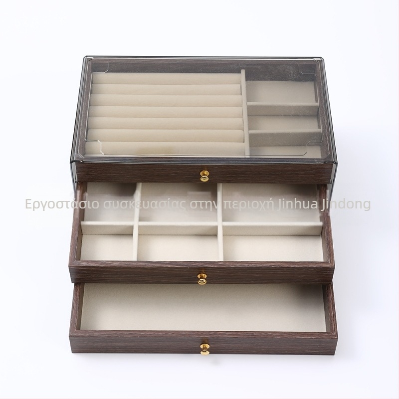 Κουτί κοσμημάτων από ξύλο καρυδιάς, τρίων στρώσεων, σε στυλ κορεατικό, μινιμαλιστικός σχεδιασμός με ρίγες