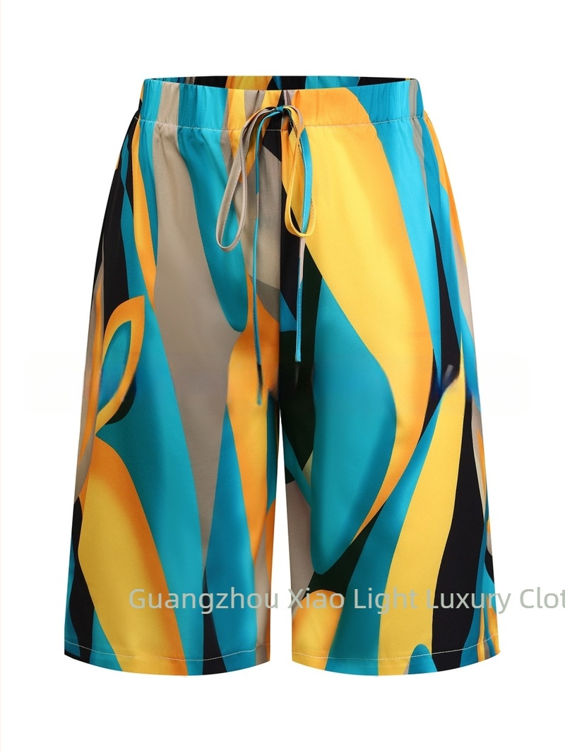 Γυναικεία σορτς με καλοκαιρινό εκτύπωμα, μεσαίου μήκους, ευρωπαϊκό-αμερικανικό casual στυλ, χωρίς ελαστικότητα