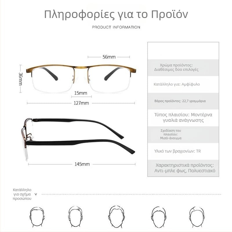 Γυαλιά ανάγνωσης με φακούς ρητίνης, μεταλλικό ημί-πλαίσιο, τετράγωνο σχέδιο