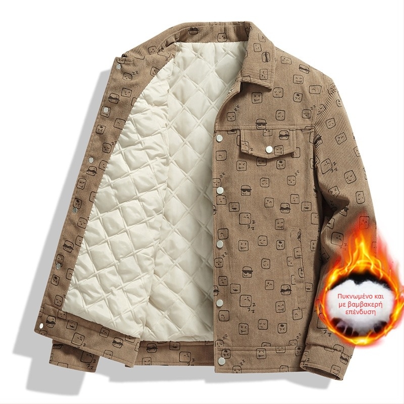 Ανδρικό μπουφάν από corduroy με εκτύπωση, γιακά τύπου lapel, χαλαρή γραμμή, μονό μπροστά, μακριά μανίκια