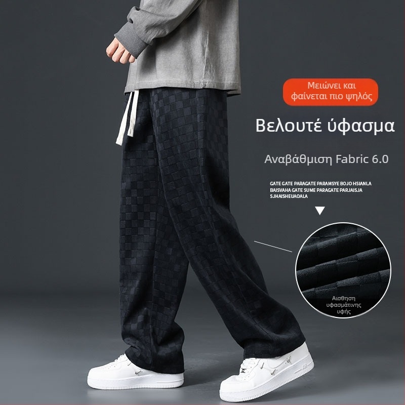 Corduroy ανδρικά παντελόνια, χαλαρή ίσια γραμμή, καρό μοτίβο, μεσαία μέση, κορδόνι στερέωσης