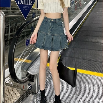 Γυναικεία denim πλισέ φούστα σε Α-γραμμή με ψηλή μέση – μίνι, καλοκαίρι 2025, ρετρό στυλ