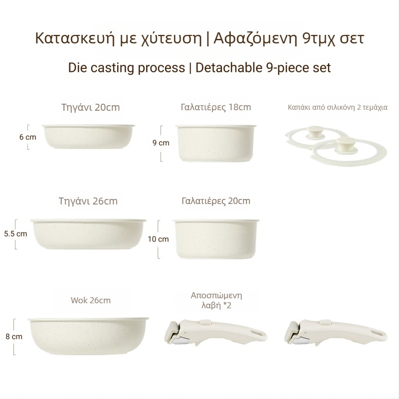 Σετ μαγειρικών σκευών με αποσπώμενο χερούλι — αντικολλητικά σκεύη από κράμα αλουμινίου με πολυεπίπεδο πάτο, περιλαμβάνει κατσαρόλα για γάλα, δύο τηγάνια, καπάκι γυάλινο με σιλικόνη, συμβατό με επαγωγή