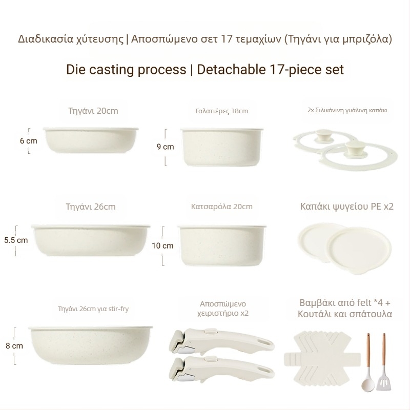 Σετ μαγειρικών σκευών με αποσπώμενο χερούλι — αντικολλητικά σκεύη από κράμα αλουμινίου με πολυεπίπεδο πάτο, περιλαμβάνει κατσαρόλα για γάλα, δύο τηγάνια, καπάκι γυάλινο με σιλικόνη, συμβατό με επαγωγή