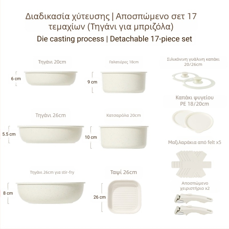 Σετ μαγειρικών σκευών με αποσπώμενο χερούλι — αντικολλητικά σκεύη από κράμα αλουμινίου με πολυεπίπεδο πάτο, περιλαμβάνει κατσαρόλα για γάλα, δύο τηγάνια, καπάκι γυάλινο με σιλικόνη, συμβατό με επαγωγή