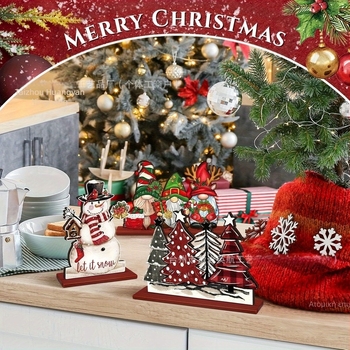 Ξύλινο διακοσμητικό για τραπέζι με χιονάνθρωπο και χριστουγεννιάτικο δέντρο, μοντέρνο μινιμαλιστικό στυλ, υλικό Boxwood, Αριθμός Προϊόντος 0077954, κατάλληλο για σπίτι και γραφείο