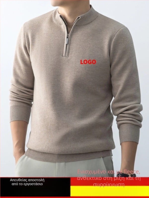 Πλεκτό πουλόβερ σε κορεατικό στυλ, φλίς επένδυση, στάντ κολάρο, μακριά μανίκια