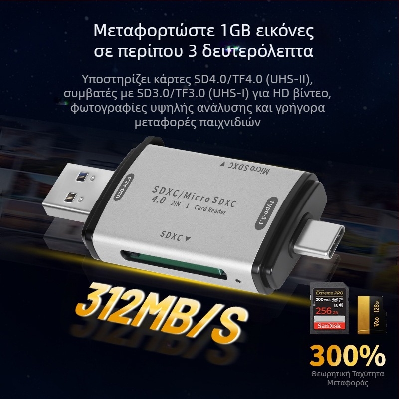 Hexing Αναγνώστης καρτών SD/TF/MicroSD 4.0 USB-C - ανάγνωση δύο καρτών ταυτόχρονα