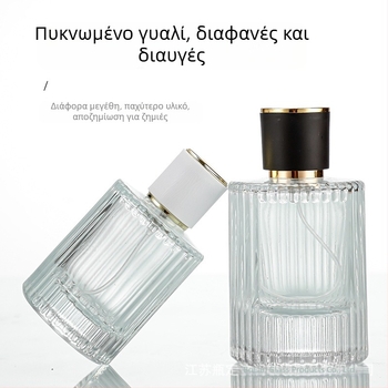 Μπουκάλι γυάλινο για άρωμα με βιδωτό λαιμό, στρογγυλό διαφανές σώμα, παχύτερο κάθετο ριγέ γυαλί, ευρύ πλευρικό ψεκαστήρα, βαρύ καπάκι