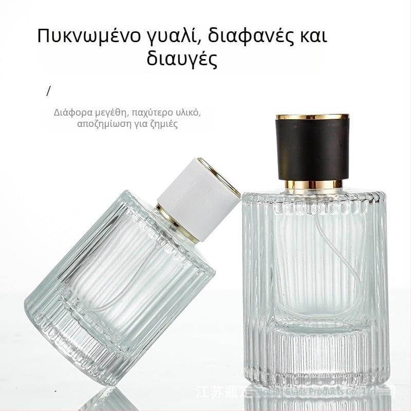 Μπουκάλι γυάλινο για άρωμα με βιδωτό λαιμό, στρογγυλό διαφανές σώμα, παχύτερο κάθετο ριγέ γυαλί, ευρύ πλευρικό ψεκαστήρα, βαρύ καπάκι