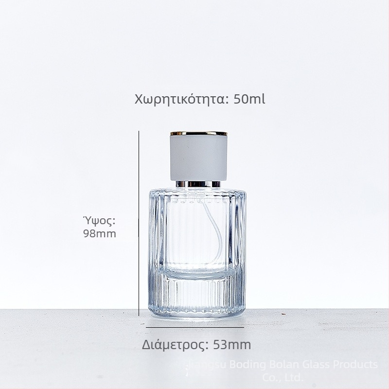 Μπουκάλι γυάλινο για άρωμα με βιδωτό λαιμό, στρογγυλό διαφανές σώμα, παχύτερο κάθετο ριγέ γυαλί, ευρύ πλευρικό ψεκαστήρα, βαρύ καπάκι