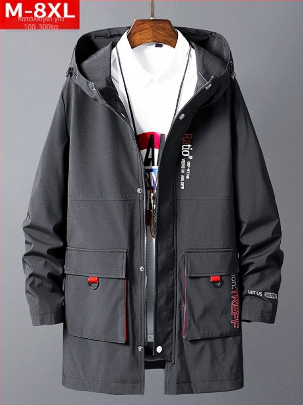 Ανδρικό παλτό με κουκούλα, φαρδιά γραμμή, Plus size, μεσαίου μήκους, κλείσιμο με φερμουάρ