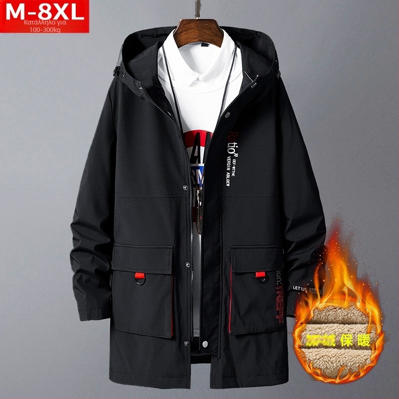 Ανδρικό παλτό με κουκούλα, φαρδιά γραμμή, Plus size, μεσαίου μήκους, κλείσιμο με φερμουάρ