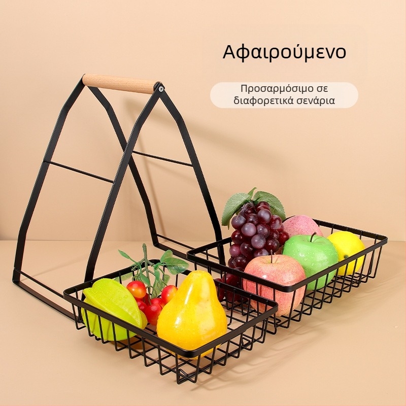 Πολυεπίπερο καλάθι φρούτων σε σχήμα V με αποσπώμενο μεταλλικό πλαίσιο και ξύλινο χερούλι — ράφι κουζίνας από χάλυβα άνθρακα