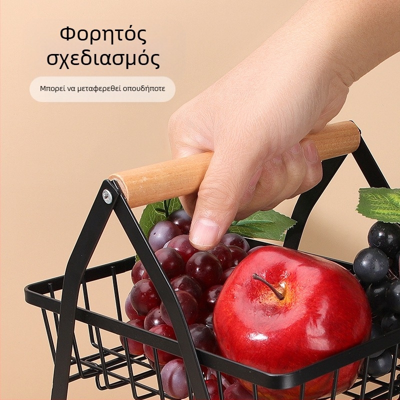 Πολυεπίπερο καλάθι φρούτων σε σχήμα V με αποσπώμενο μεταλλικό πλαίσιο και ξύλινο χερούλι — ράφι κουζίνας από χάλυβα άνθρακα