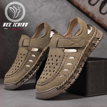 Ανδρικά Slip-On σανδάλια με ανοιχτό δάχτυλο, nubuk δέρμα στο πάνω μέρος, σόλα από καουτσούκ, διαπνοή, αντιολισθητικά