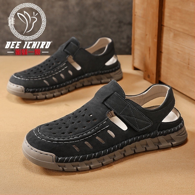 Ανδρικά Slip-On σανδάλια με ανοιχτό δάχτυλο, nubuk δέρμα στο πάνω μέρος, σόλα από καουτσούκ, διαπνοή, αντιολισθητικά