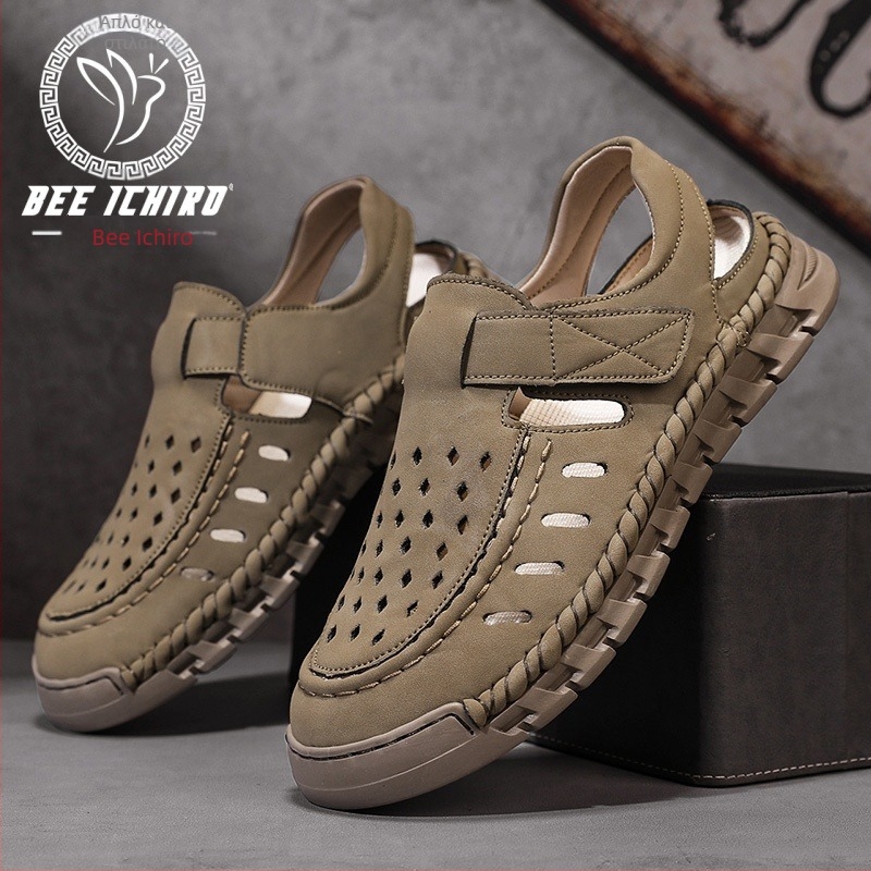 Ανδρικά Slip-On σανδάλια με ανοιχτό δάχτυλο, nubuk δέρμα στο πάνω μέρος, σόλα από καουτσούκ, διαπνοή, αντιολισθητικά