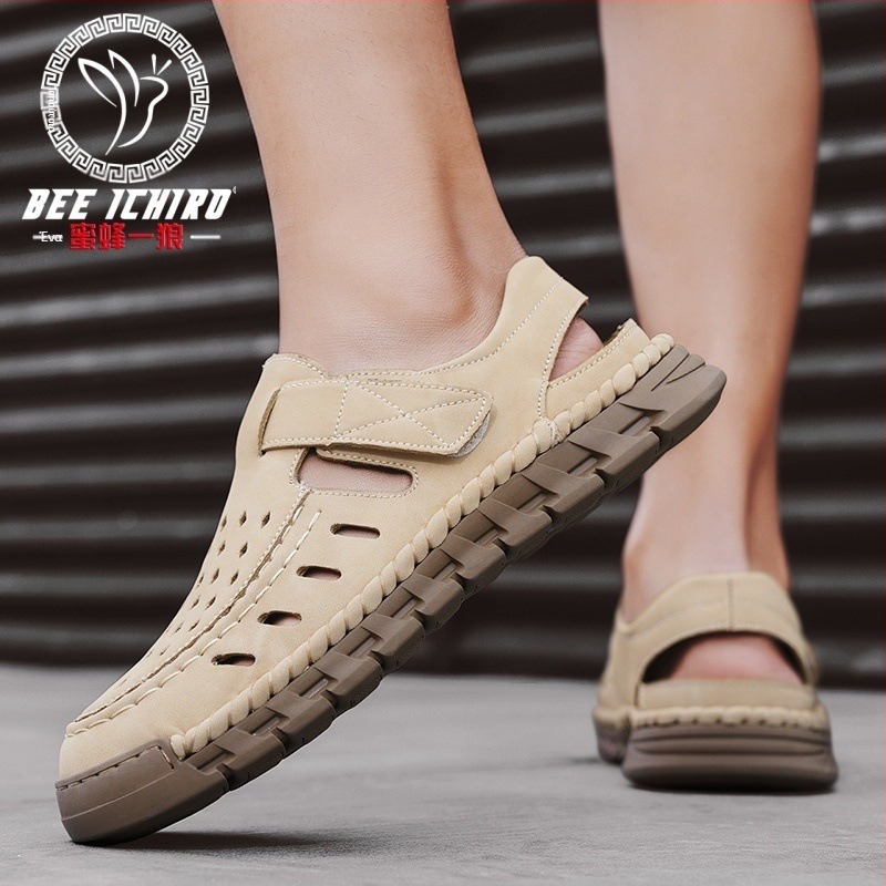 Ανδρικά Slip-On σανδάλια με ανοιχτό δάχτυλο, nubuk δέρμα στο πάνω μέρος, σόλα από καουτσούκ, διαπνοή, αντιολισθητικά