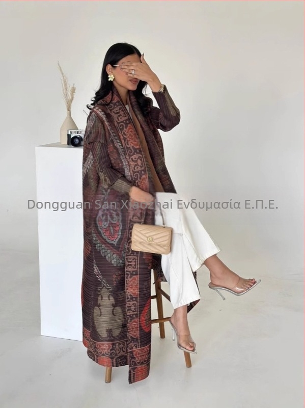 Three Small Houses Γυναικεία πιεσμένη μακριά ρόμπα-παλτό με εκτύπωση, εθνικού στυλ, πολυεστέρας 95%+, κατασκευή με πρέσα, άνοιξη 2025