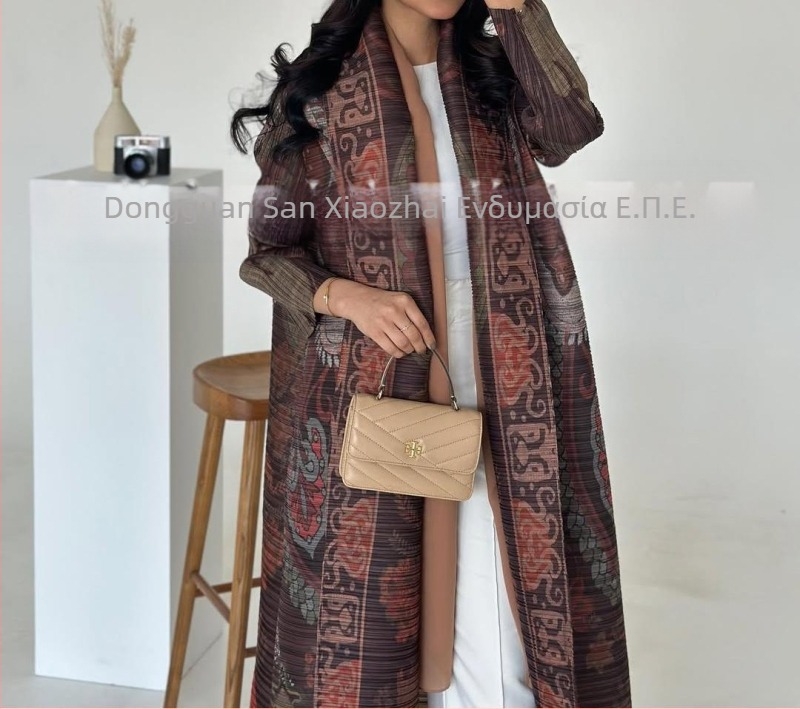 Three Small Houses Γυναικεία πιεσμένη μακριά ρόμπα-παλτό με εκτύπωση, εθνικού στυλ, πολυεστέρας 95%+, κατασκευή με πρέσα, άνοιξη 2025