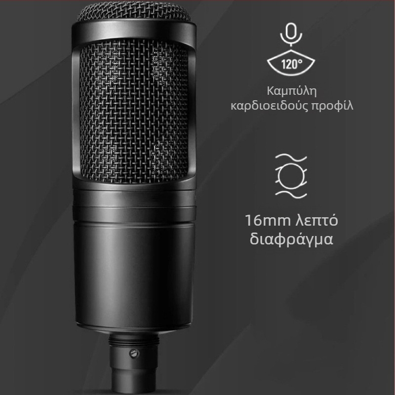 AT2020 πυκνωτικό μικρόφωνο, ενσύρματο, με μεγάλο διάφραγμα, καρδιοειδές / υπερκαρδιοειδές, phantom power 48V
