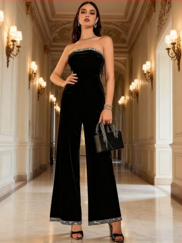 Ολόσωμο βελούδινο κορμάκι χωρίς μανίκια, με ψηλή μέση και μακριά παντελόνια, με κρύσταλλα από μετάξι