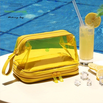 Τσαντάκι μακιγιάζ από PVC με λαμιναρισμένο εσωτερικό και κλείσιμο με φερμουάρ, πολυεστερικό ύφασμα, οριζόντιο τετράγωνο σχήμα, στυλ μίνι τετράγωνο