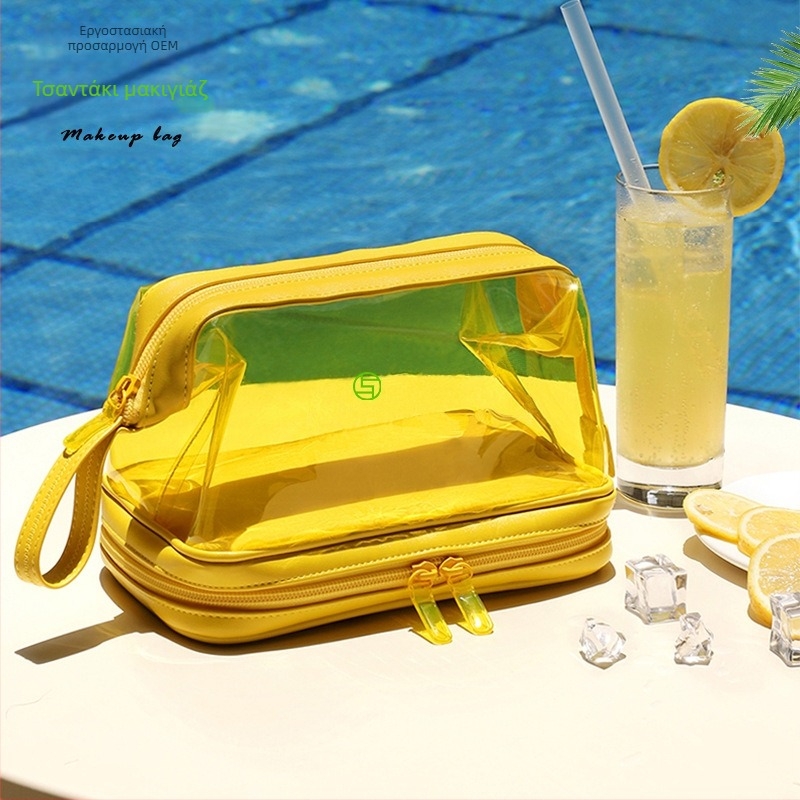 Τσαντάκι μακιγιάζ από PVC με λαμιναρισμένο εσωτερικό και κλείσιμο με φερμουάρ, πολυεστερικό ύφασμα, οριζόντιο τετράγωνο σχήμα, στυλ μίνι τετράγωνο