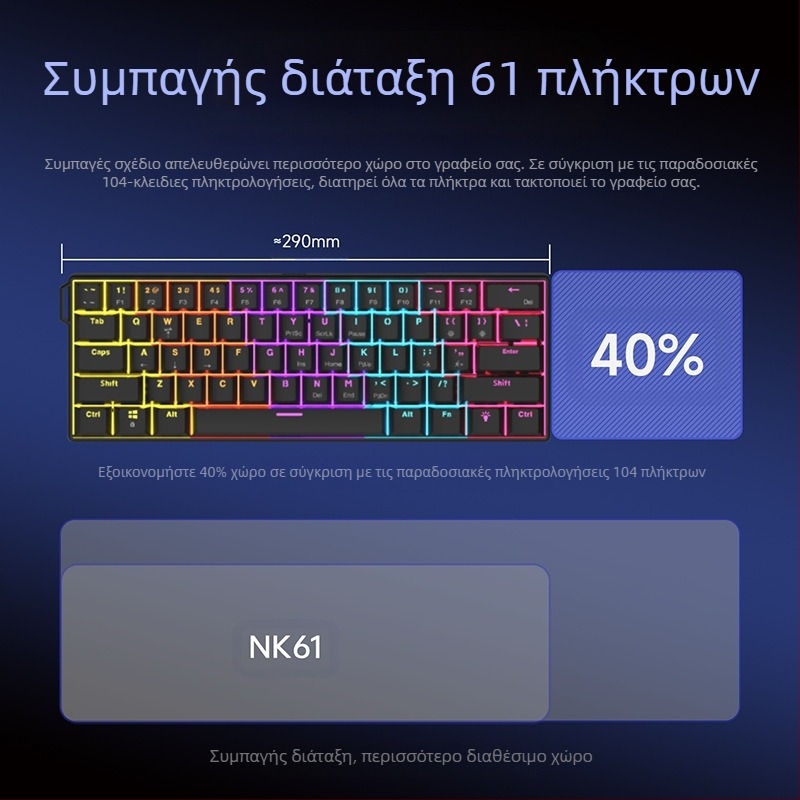 Πληκτρολόγιο παιχνιδιών, διάταξη 60%, έως 87 πλήκτρα, ενσύρματο, μηχανικοί διακόπτες