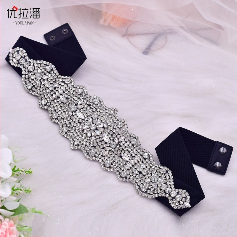 Ζώνη μέσης με στρας, γεωμετρικό μοτίβο, ελαστική ζώνη, υφαντό ύφασμα, κρυφό κούμπωμα