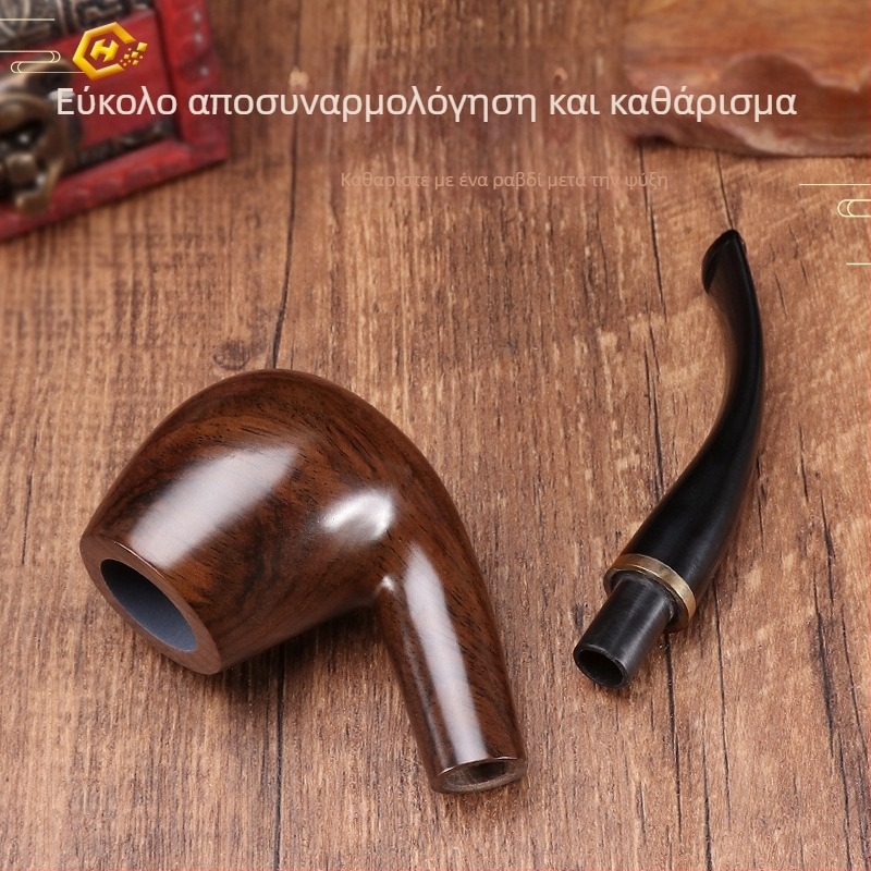 Χειροποίητη πίπα από εβονικό ξύλο με καμπύλο στόμιο, μάρκα Canglan, κωδικός Ebony 508, υφή φλοιού ξύλου
