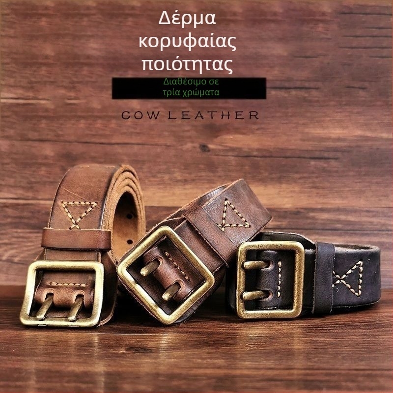 Ζώνη από δέρμα πρώτης στρώσης με vintage φινίρισμα, πλυμένο casual στυλ, διπλή σειρά αγκράφας με πιν, λεπτή (<2 cm)