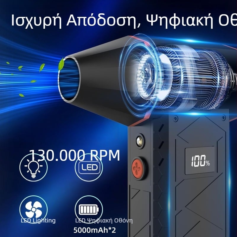 Φορητός ηλεκτρικός ανεμιστήρας τύπου τουρμπίνας με κινητήρα χωρίς ψήκτρες, 6 φτερά, μπαταρία Li-Po 6000mAh, 4 ταχύτητες, απομάκρυνση σκόνης