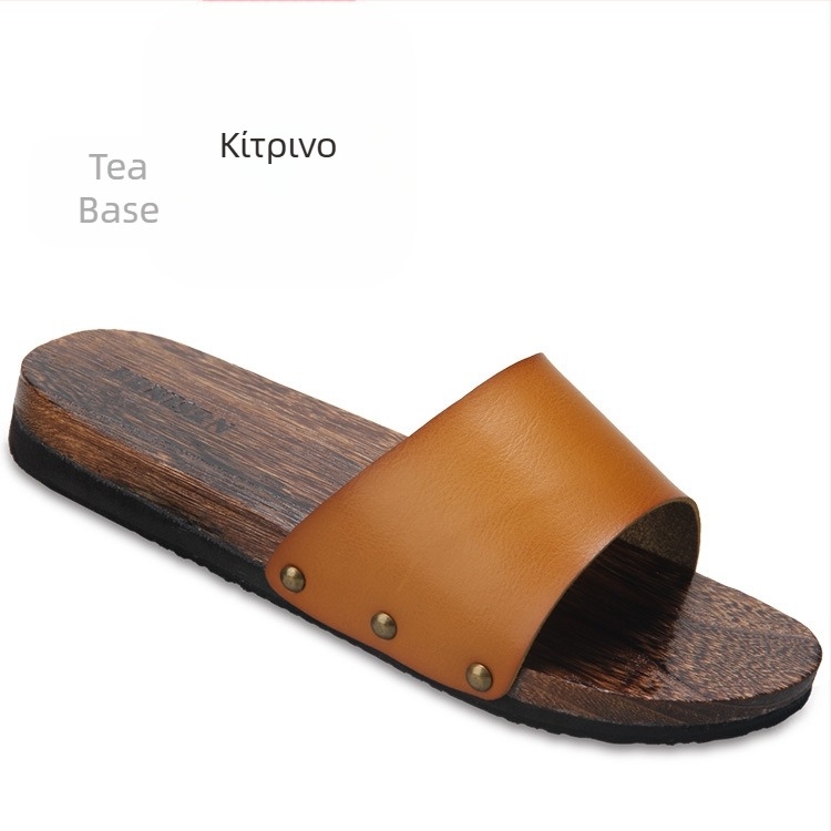 Ανδρικά σλάιντ σανδάλια με επάνω μέρος από μικροϊνών δέρμα, ξύλινη σόλα, ανοιχτή φτέρνα