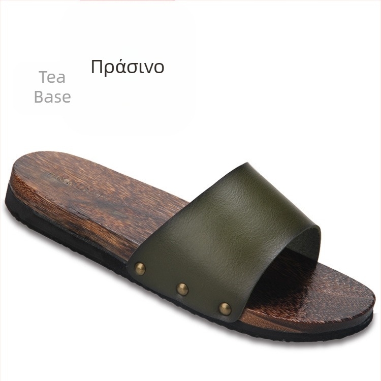 Ανδρικά σλάιντ σανδάλια με επάνω μέρος από μικροϊνών δέρμα, ξύλινη σόλα, ανοιχτή φτέρνα