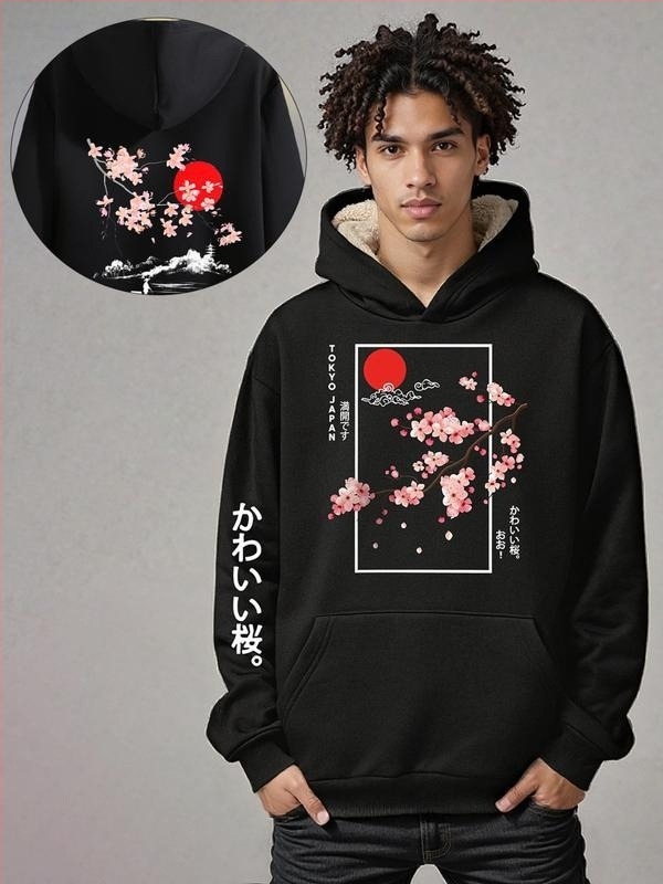 Ανδρικό hoodie πουλόβερ με φλοράλ και εκτύπωση γραμμάτων, κουκούλα, θερμική επένδυση, Corduroy ύφασμα