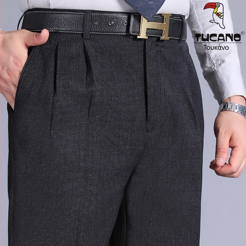 Αντρικά παντελόνια με διπλές πιέτες, υψηλή μέση, χαλαρή γραμμή, ίσια γραμμή, πολυεστερικό ύφασμα