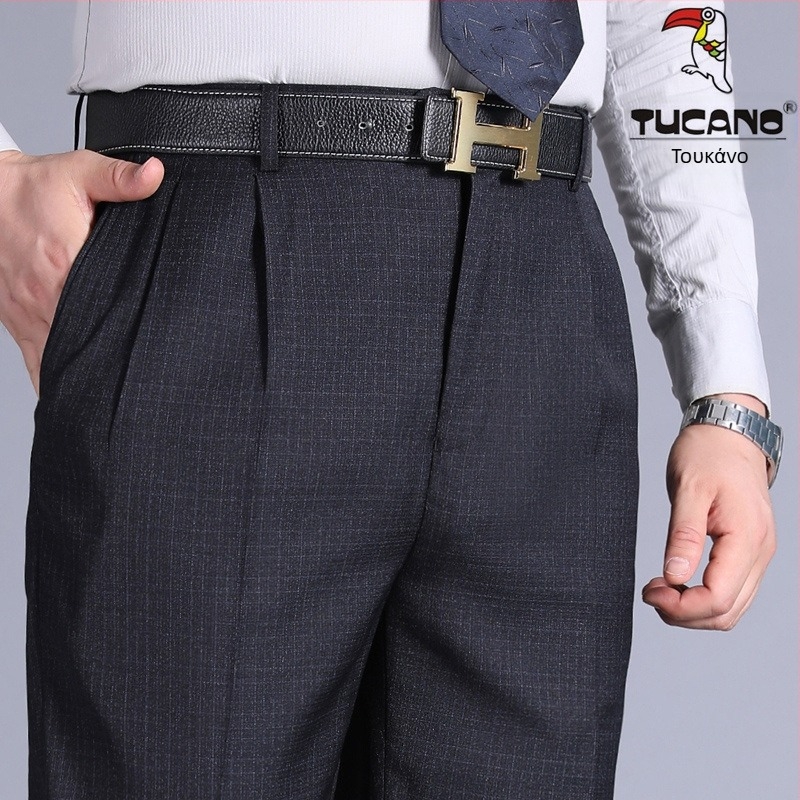 Αντρικά παντελόνια με διπλές πιέτες, υψηλή μέση, χαλαρή γραμμή, ίσια γραμμή, πολυεστερικό ύφασμα