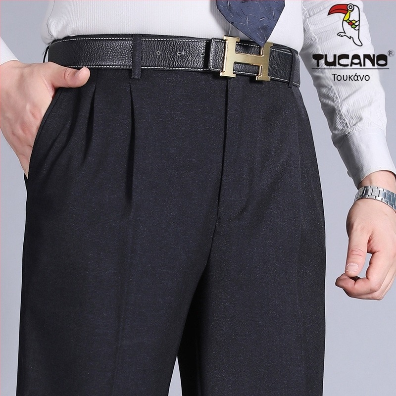 Αντρικά παντελόνια με διπλές πιέτες, υψηλή μέση, χαλαρή γραμμή, ίσια γραμμή, πολυεστερικό ύφασμα