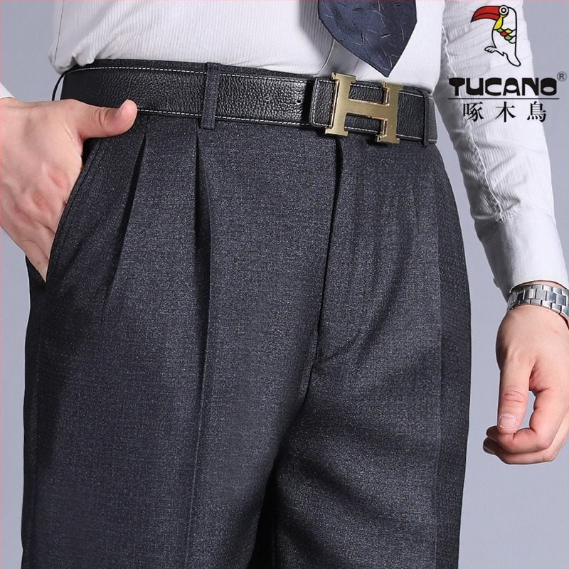 Αντρικά παντελόνια με διπλές πιέτες, υψηλή μέση, χαλαρή γραμμή, ίσια γραμμή, πολυεστερικό ύφασμα