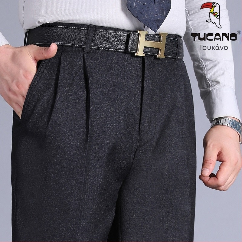 Αντρικά παντελόνια με διπλές πιέτες, υψηλή μέση, χαλαρή γραμμή, ίσια γραμμή, πολυεστερικό ύφασμα