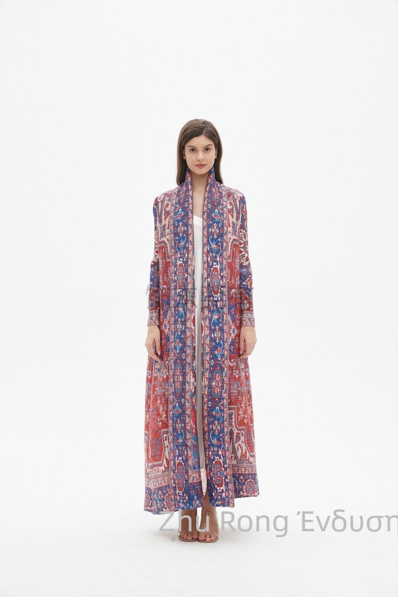 Γυναικεία μακριά αμπάγια με φλοράλ κέντημα, crinkle ύφασμα πολυεστέρα, μακριά μανίκια